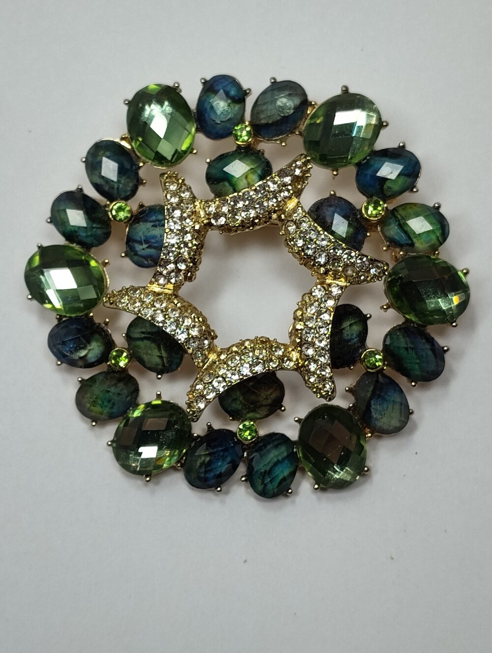 Napier, Wreath Like, Faceted Multi Shades Of Green Crystal Rhinestones Brooch